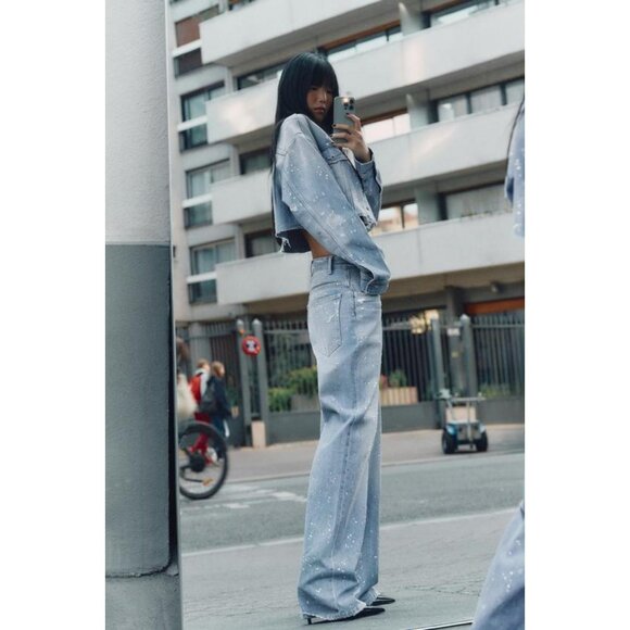 ZARA TRF STRAIGHT-LEG RHINESTONE HIGH-WAIST JEANS - Picture 1 of 8